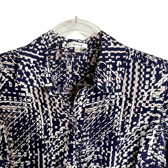 Tyler Boe Silk Long Line Button‎ Popover Tunic Top Size S Blue Cream Beige - Picture 2 of 10